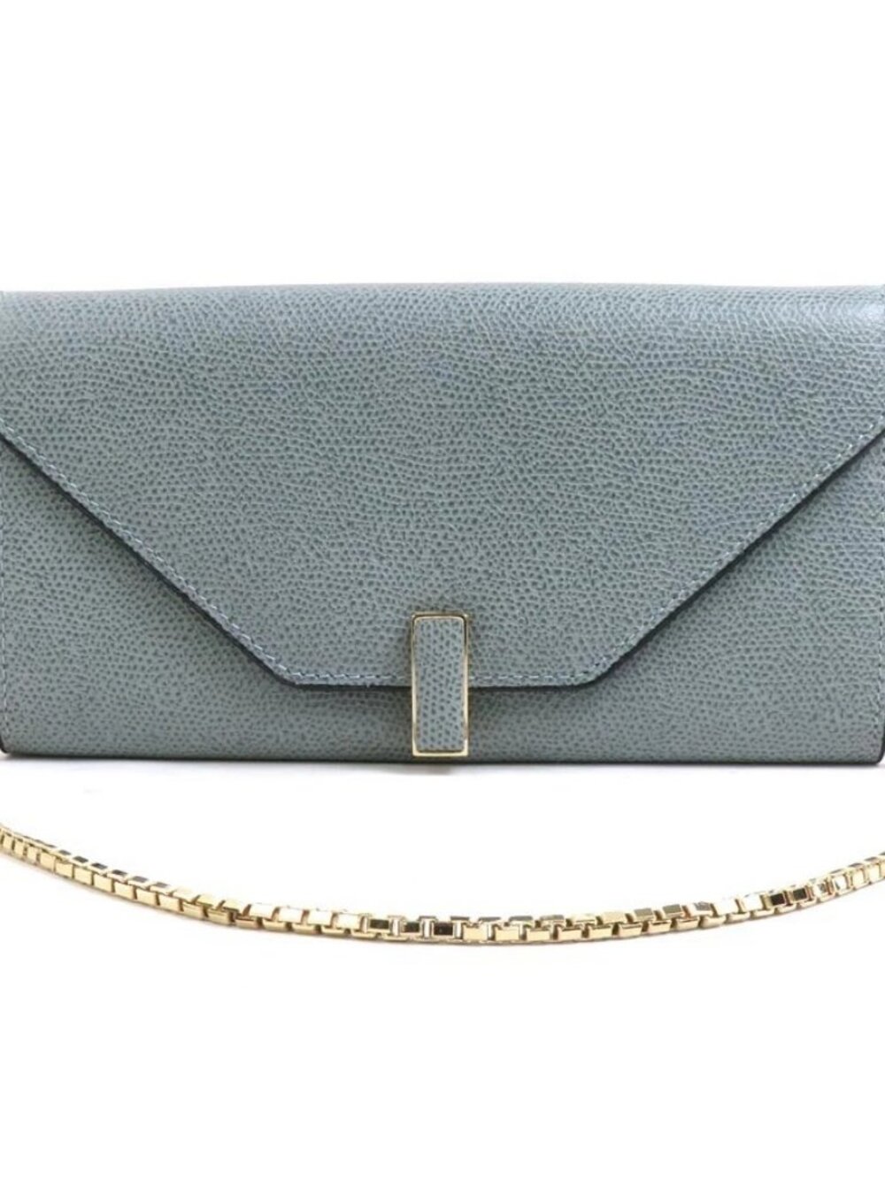 Valextra Iside Chain Wallet Crossbody Bag Blue Gray Leather/Goldtone